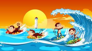 Beach scene with monkeys doing different activities vector