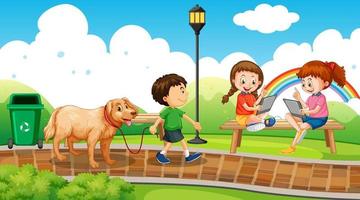 Park scene with children using technology devices vector