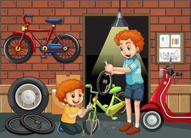 Escena de garaje con niños arreglando una bicicleta juntos. vector