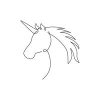 One continuous line drawing of beautiful cute unicorn head for company logo identity. Kids fantasy dream creature concept animal creature. Dynamic single line vector draw design graphic illustration