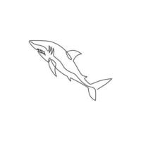 One continuous line drawing of shark sea fish predator for underwater life aquarium logo identity. Wild sea animal concept for nature lovers foundation mascot. Single line draw design illustration vector