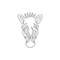 One continuous line drawing of zebra head for national park zoo safari logo identity. Typical horse from Africa with stripes for company mascot. Modern single line draw design illustration graphic vector