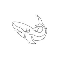 One continuous line drawing of shark sea fish predator for underwater life aquarium logo identity. Wild sea animal concept for nature lovers foundation mascot. Single line draw design illustration