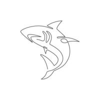 Single continuous line drawing of aggressive shark for nature adventure company logo identity. Wildlife sea fish animal concept for safe ocean organization mascot. One line draw design illustration vector