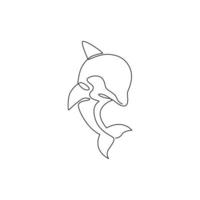 One continuous line drawing of friendly cute dolphin for fish tank aquarium logo identity. Happy mammal animal concept for company mascot. Trendy single line draw vector design graphic illustration