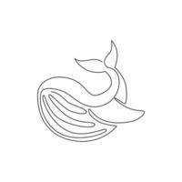 Single continuous line drawing of big whale for marine company logo identity. Big fish mammal animal mascot concept for business logotype. Trendy one line draw design illustration vector graphic