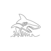 One single line drawing of ruler of the sea, shark for company logo identity. Dangerous sea fish concept for ocean nature peace organization mascot. Continuous line draw design vector illustration