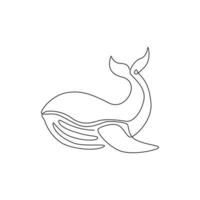 One continuous line drawing of giant whale for water aquatic park logo identity. Big ocean mammal animal mascot concept for environment organization. Trendy single line draw vector design illustration