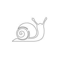 One continuous line drawing of exotic snail with spiral shell mascot concept for organic food logo identity. High nutritious escargot healthy food. Continuous line draw design vector illustration