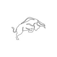 One single line drawing of elegance buffalo for conservation national park logo identity. Big strong bull mascot concept for rodeo show. Trendy continuous line draw design vector graphic illustration
