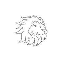 One continuous line drawing of king of the jungle, lion head for company logo identity. Strong feline mammal animal mascot concept for national safari zoo. Single line draw design illustration vector