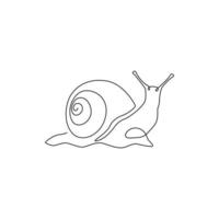 One single line drawing of exotic snail with spiral shell mascot concept for organic food logo identity. High nutritious escargot healthy food. Single line draw vector graphic design illustration