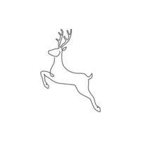 One continuous line drawing of jumping wild reindeer for national park logo identity. Elegant buck mammal animal mascot concept for nature conservation. Single line vector draw design illustration