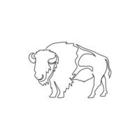 One continuous line drawing of strong north american bison for conservation forest logo identity. Big bull mascot concept for national park. Dynamic one line draw design illustration vector graphic