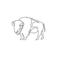 One continuous line drawing of strong north american bison for conservation forest logo identity. Big bull mascot concept for national park. Dynamic one line draw design illustration vector graphic