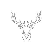 One single line drawing of adorable head deer for company logo identity. Cute reindeer mammal animal mascot concept for public zoo. Trendy continuous line draw vector graphic design illustration