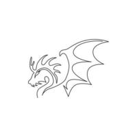 One single line drawing of scary beast dragon for china ancient museum logo identity. Legend fairy tale animal mascot concept for ancient chinese organization. Continuous line draw design illustration vector