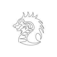 One continuous line drawing of mythological creature dragon for company logo identity. Fantasy flying dinosaurs animal mascot concept for decorative tribal. Single line draw design vector illustration