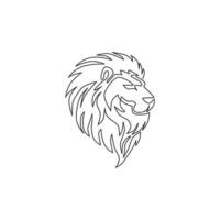 Single continuous line drawing of elegant lion head for sport club logo identity. Dangerous big cat mammal animal mascot concept for game club. Modern one line draw graphic vector design illustration