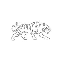 One single line drawing of wild Sumatra tiger for company business logo identity. Strong Bengal big cat animal mascot concept for national conservation park. Continuous line draw design illustration vector