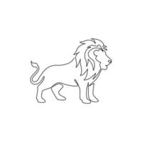 One continuous line drawing of king of the jungle, lion for company logo identity. Strong feline mammal animal mascot concept for national safari zoo. Single line draw design illustration vector