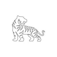 Single continuous line drawing of elegant Asian tiger for sport club logo identity. Dangerous big stripped cat mammal animal mascot concept for game club. One line draw design vector illustration