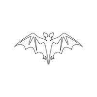 One continuous line drawing of scary bat for ghost house logo identity. Evil mammal animal mascot concept for horror symbol. Dynamic single line draw design illustration vector graphic