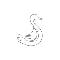 One single line drawing of cute funny white duck for company business logo identity. Little beauty swan mascot concept for public park. Trendy continuous line draw vector graphic design illustration