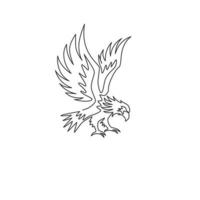 One continuous line drawing of strong eagle for delivery service logo identity. Hawk mascot concept for bird conservative park icon. Dynamic single line vector graphic draw design illustration