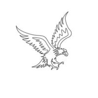 One continuous line drawing of strong eagle for delivery service logo identity. Hawk mascot concept for bird conservative park icon. Modern single line draw vector graphic design illustration