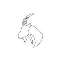 Single continuous line drawing of strong tough goat head for business logo identity. Lamb mascot emblem concept for ranch icon. Dynamic one line draw design vector illustration graphic