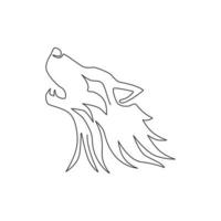 One continuous line drawing of dangerous wolf head for business logo identity. Wolves mascot emblem concept for conservation park icon. Trendy single line draw design vector graphic illustration