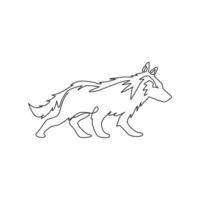 Single continuous line drawing of mysterious wolf for e-sport team logo identity. Strong wolves mascot concept for national park icon. Trendy one line draw design vector graphic illustration