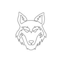 un dibujo de línea continua de una peligrosa cabeza de lobo para la identidad del logotipo de la empresa. concepto de emblema de la mascota de los lobos para el icono del parque de conservación. Ilustración de vector de diseño gráfico de dibujo de una sola línea moderna