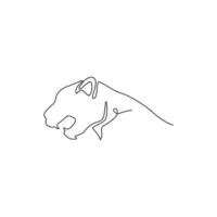 Single continuous line drawing of strong cheetah head for e-sport team logo identity. Leopard mascot emblem concept for national zoo icon. Trendy one line draw design graphic vector illustration