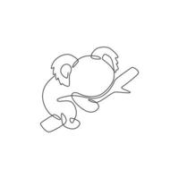 Single continuous line drawing of funny koala for kid toys shop logo identity. Little bear from Australia mascot concept for national park icon. Modern one line draw design vector graphic illustration
