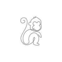 One continuous line drawing of cute sitting monkey for conservation jungle logo identity. Adorable primate animal mascot concept for national park icon. Single line draw design vector illustration