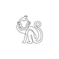 Single continuous line drawing of cute walking monkey for national zoo logo identity. Adorable primate animal mascot concept for circus show icon. One line draw design vector graphic illustration