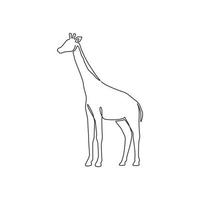 One continuous line drawing of cute giraffe for national zoo logo identity. Adorable tall animal mascot concept for conservation park icon. Trendy single line draw design vector graphic illustration