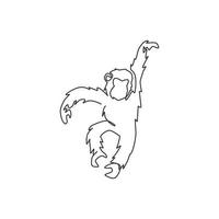 Single continuous line drawing of cute jumping chimpanzee for national zoo logo identity. Adorable primate animal mascot concept for circus show icon. One line draw graphic design vector illustration