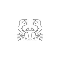 Single continuous line drawing of little crab with big claw for seafood logo identity. Cute sea animal concept for Chinese restaurant icon. Dynamic one line draw design graphic vector illustration