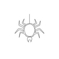 One continuous line drawing of spider pull out the web for business logo identity. Cute insect animal concept for pet lover icon. Trendy single line draw design vector graphic illustration