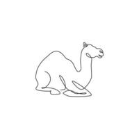 Single continuous line drawing of strong desert Arabic camel sitting for logo identity. Cute dromedary animal concept for national zoo icon. Dynamic one line draw design graphic vector illustration