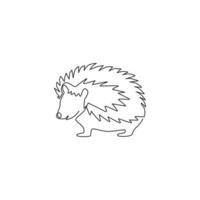 One continuous line drawing of cute little hedgehog for logo identity. Adorable mini spiky rodent animal concept for national zoo icon. Trendy single line draw design graphic vector illustration