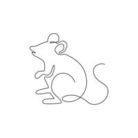 One continuous line drawing of cute standing mouse for logo identity. Funny rodent animal mascot concept for pest control icon. Trendy single line draw design vector graphic illustration