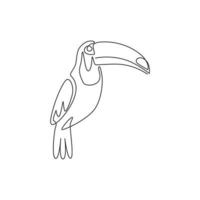 One single line drawing of exotic toucan bird with big beak for logo identity. Beautiful animal mascot concept for bird lover club icon. Modern continuous line draw design graphic vector illustration