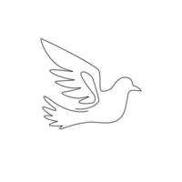 Single continuous line drawing of adorable flying dove bird for logo identity. Cute pigeon mascot concept for freedom and peace movement icon. Trendy one line draw graphic design vector illustration