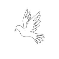 Single continuous line drawing of adorable flying dove bird for logo identity. Cute pigeon mascot concept for freedom and peace movement icon. Modern one line draw design vector graphic illustration