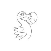 One continuous line drawing of cute adorable dodo bird head for logo identity. Extinct animal mascot concept for museum zoo icon. Modern single line draw design vector illustration graphic