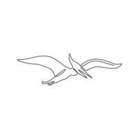 One single line drawing of flying pterodactyl for logo identity. Dino animal mascot concept for prehistoric theme park icon. Modern continuous line graphic draw design vector illustration